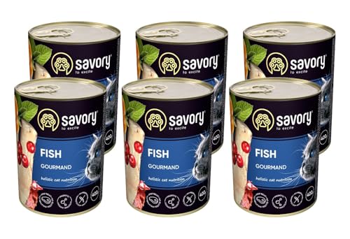 Savory - Katzenfutter Nass - Katzennassfutter - für Erwachsene Katze - Fisch - Weiche Fleischstücke, mit Taurin, Vitamine E, D3, Zink - Nassfutter 6er-Pack (6x400 g) von SAVORY to excite