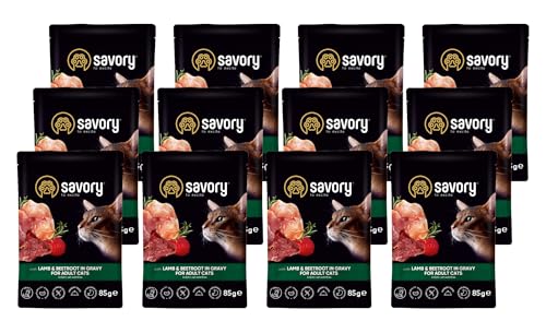 Savory - Katzenfutter Nass - Katzennassfutter - für Erwachsene Katze - Lamm & Rote Bete - Weiche Fleischstücke, mit Taurin, Vitamine E, D3, Zink - Nassfutter 12er-Pack (12x85 g) von SAVORY to excite