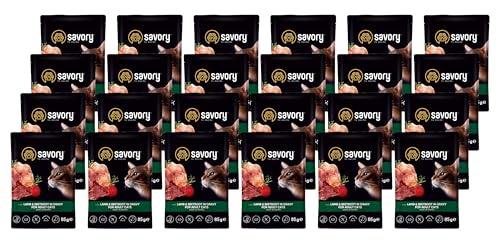 Savory - Katzenfutter Nass - Katzennassfutter - für Erwachsene Katze - Lamm & Rote Bete - Weiche Fleischstücke, mit Taurin, Vitamine E, D3, Zink - Nassfutter 24er-Pack (24x85 g) von SAVORY to excite