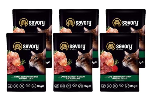 Savory - Katzenfutter Nass - Katzennassfutter - für Erwachsene Katze - Lamm & Rote Bete - Weiche Fleischstücke, mit Taurin, Vitamine E, D3, Zink - Nassfutter 6er-Pack (6x85 g) von SAVORY to excite