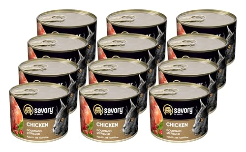 Savory - Katzenfutter Nass - Katzennassfutter - für Erwachsene Katze sterilisiert - Huhn - Weiche Fleischstücke, mit Taurin, Vitamine E, D3, Zink - Nassfutter 12er-Pack (12x200 g) von SAVORY to excite