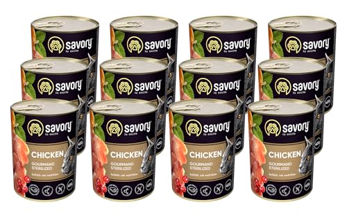 Savory - Katzenfutter Nass - Katzennassfutter - für Erwachsene Katze sterilisiert - Huhn - Weiche Fleischstücke, mit Taurin, Vitamine E, D3, Zink - Nassfutter 12er-Pack (12x400 g) von SAVORY to excite