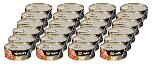 Savory - Katzenfutter Nass - Katzennassfutter - für Erwachsene Katze sterilisiert - Huhn - Weiche Fleischstücke, mit Taurin, Vitamine E, D3, Zink - Nassfutter 24er-Pack (24x100 g) von SAVORY to excite