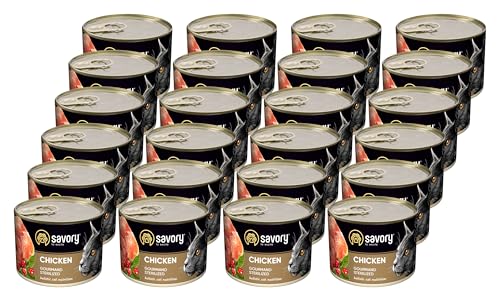 Savory - Katzenfutter Nass - Katzennassfutter - für Erwachsene Katze sterilisiert - Huhn - Weiche Fleischstücke, mit Taurin, Vitamine E, D3, Zink - Nassfutter 24er-Pack (24x200 g) von SAVORY to excite