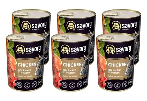 Savory - Katzenfutter Nass - Katzennassfutter - für Erwachsene Katze sterilisiert - Huhn - Weiche Fleischstücke, mit Taurin, Vitamine E, D3, Zink - Nassfutter 6er-Pack (6x400 g) von SAVORY to excite