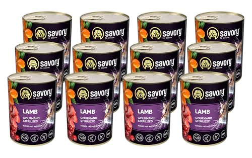 Savory - Katzenfutter Nass - Katzennassfutter - für Erwachsene Katze sterilisiert - Lamm - Weiche Fleischstücke, mit Taurin, Vitamine E, D3, Zink - Nassfutter 12er-Pack (12x400 g) von SAVORY to excite