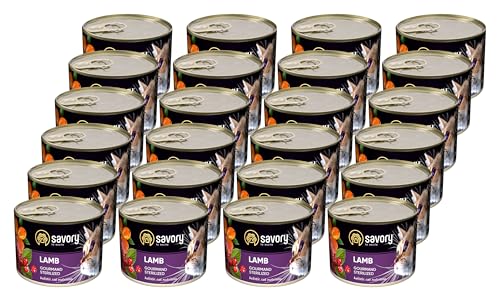Savory - Katzenfutter Nass - Katzennassfutter - für Erwachsene Katze sterilisiert - Lamm - Weiche Fleischstücke, mit Taurin, Vitamine E, D3, Zink - Nassfutter 24er-Pack (24x200 g) von SAVORY to excite