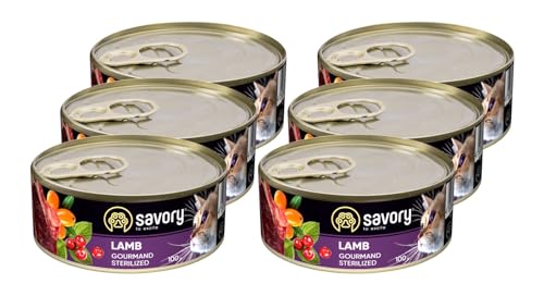 Savory - Katzenfutter Nass - Katzennassfutter - für Erwachsene Katze sterilisiert - Lamm - Weiche Fleischstücke, mit Taurin, Vitamine E, D3, Zink - Nassfutter 6er-Pack (6x100 g) von SAVORY to excite