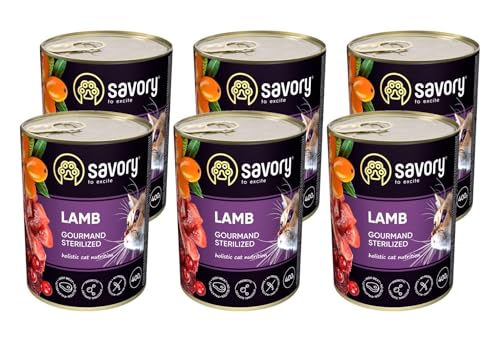 Savory - Katzenfutter Nass - Katzennassfutter - für Erwachsene Katze sterilisiert - Lamm - Weiche Fleischstücke, mit Taurin, Vitamine E, D3, Zink - Nassfutter 6er-Pack (6x400 g) von SAVORY to excite