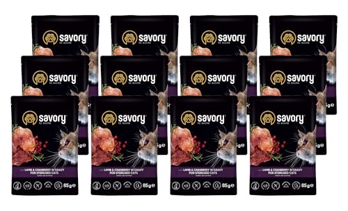 Savory - Katzenfutter Nass - Katzennassfutter - für Erwachsene Katze sterilisiert - Lamm & Preiselbeeren - Weiche Fleischstücke, mit Taurin, Vitamine E, D3, Zink - Nassfutter 12er-Pack (12x85 g) von SAVORY to excite