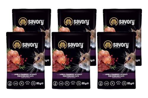 Savory - Katzenfutter Nass - Katzennassfutter - für Erwachsene Katze sterilisiert - Lamm & Preiselbeeren - Weiche Fleischstücke, mit Taurin, Vitamine E, D3, Zink - Nassfutter 6er-Pack (6x85 g) von SAVORY to excite