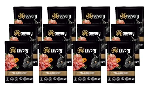 Savory - Katzenfutter Nass - Katzennassfutter - für Erwachsene Katze sterilisiert - Pute & Karotte - Weiche Fleischstücke, mit Taurin, Vitamine E, D3, Zink - Nassfutter 12er-Pack (12x85 g) von SAVORY to excite