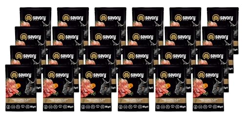 Savory - Katzenfutter Nass - Katzennassfutter - für Erwachsene Katze sterilisiert - Pute & Karotte - Weiche Fleischstücke, mit Taurin, Vitamine E, D3, Zink - Nassfutter 24er-Pack (24x85 g) von SAVORY to excite