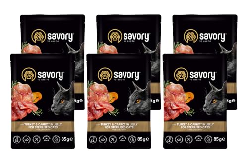 Savory - Katzenfutter Nass - Katzennassfutter - für Erwachsene Katze sterilisiert - Pute & Karotte - Weiche Fleischstücke, mit Taurin, Vitamine E, D3, Zink - Nassfutter 6er-Pack (6x85 g) von SAVORY to excite