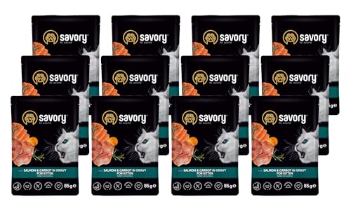 Savory - Katzenfutter Nass - Katzennassfutter - für Kätzchen - Lachs & Karotte - Weiche Fleischstücke, mit Taurin, Vitamine E, D3, Zink - Nassfutter 12er-Pack (12x85 g) von SAVORY to excite