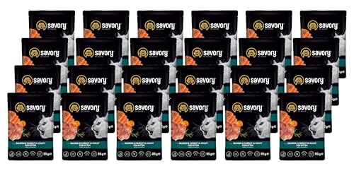 Savory - Katzenfutter Nass - Katzennassfutter - für Kätzchen - Lachs & Karotte - Weiche Fleischstücke, mit Taurin, Vitamine E, D3, Zink - Nassfutter 24er-Pack (24x85 g) von SAVORY to excite