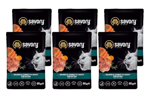 Savory - Katzenfutter Nass - Katzennassfutter - für Kätzchen - Lachs & Karotte - Weiche Fleischstücke, mit Taurin, Vitamine E, D3, Zink - Nassfutter 6er-Pack (6x85 g) von SAVORY to excite