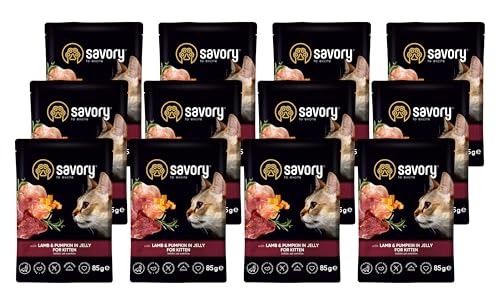 Savory - Katzenfutter Nass - Katzennassfutter - für Kätzchen - Lamm & Kürbis - Weiche Fleischstücke, mit Taurin, Vitamine E, D3, Zink - Nassfutter 12er-Pack (12x85 g) von SAVORY to excite