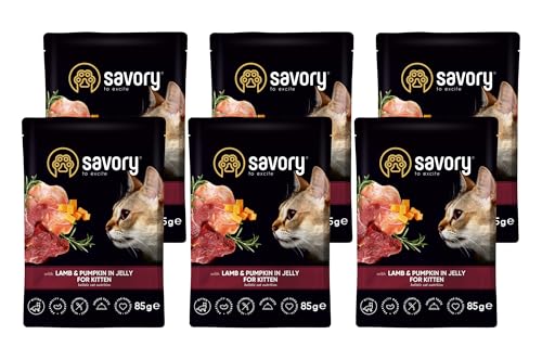 Savory - Katzenfutter Nass - Katzennassfutter - für Kätzchen - Lamm & Kürbis - Weiche Fleischstücke, mit Taurin, Vitamine E, D3, Zink - Nassfutter 6er-Pack (6x85 g) von SAVORY to excite