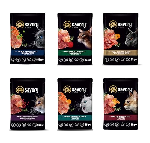 Savory - Katzenfutter Nass - Katzennassfutter für Kätzchen - Mix aus verschiedenen Geschmacksrichtungen - mit Vitamin D3, E, Zink, Taurin, Biotin - Ohne künstliche Zusatzstoffe - 6 Stück - 85g, 100g Savory - Katzenfutter Nass - Katzennassfutter für Kätzchen - Mix aus verschiedenen Geschmacksrichtungen - mit Vitamin D3, E, Zink, Taurin, Biotin - Ohne künstliche Zusatzstoffe - 6 Stück - 85g, 100g von SAVORY to excite
