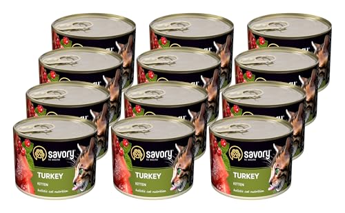 Savory - Katzenfutter Nass - Katzennassfutter - für Kätzchen - Türkei - Weiche Fleischstücke, mit Taurin, Vitamine E, D3, Zink - Nassfutter 12er-Pack (12x200 g) von SAVORY to excite