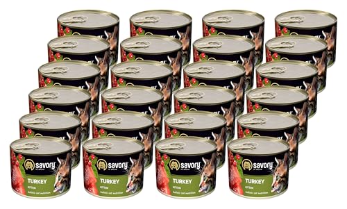 Savory - Katzenfutter Nass - Katzennassfutter - für Kätzchen - Türkei - Weiche Fleischstücke, mit Taurin, Vitamine E, D3, Zink - Nassfutter 24er-Pack (24x200 g) von SAVORY to excite