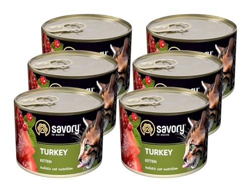Savory - Katzenfutter Nass - Katzennassfutter - für Kätzchen - Türkei - Weiche Fleischstücke, mit Taurin, Vitamine E, D3, Zink - Nassfutter 6er-Pack (6x200 g) von SAVORY to excite
