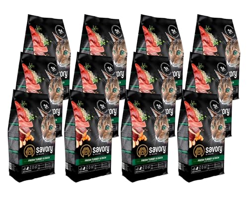 Savory - Katzenfutter Trocken - Trockenfutter für Katzen - für Erwachsene Katze - Frische Pute & Ente - auf Basis von getrocknetem frischem Fleisch, mit VIT. A, D3, E - 12Pack (12x400 g) von SAVORY to excite