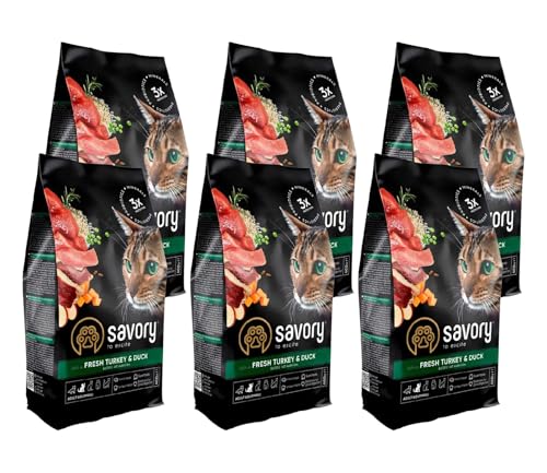 Savory - Katzenfutter Trocken - Trockenfutter für Katzen - für Erwachsene Katze - Frische Pute & Ente - auf Basis von getrocknetem frischem Fleisch, mit VIT. A, D3, E - 6Pack (6x400 g) von SAVORY to excite