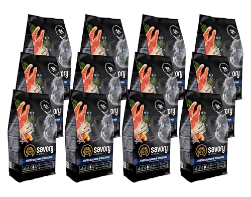 Savory - Katzenfutter Trocken - Trockenfutter für Katzen - für Erwachsene Katze - Frischer Lachs und Weißfisch - auf Basis von getrocknetem frischem Fleisch, mit VIT. A, D3, E - 12Pack (12x400 g) von SAVORY to excite