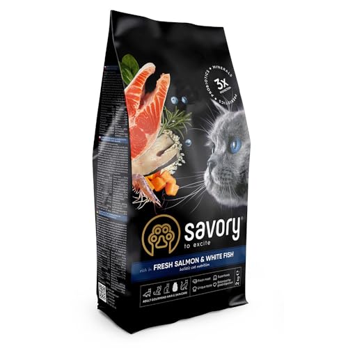 Savory - Katzenfutter Trocken - Trockenfutter für Katzen - für Erwachsene Katze - Frischer Lachs und Weißfisch - auf Basis von getrocknetem frischem Fleisch, mit VIT. A, D3, E - 1Pack (1x2 kg) von SAVORY to excite