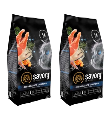 Savory - Katzenfutter Trocken - Trockenfutter für Katzen - für Erwachsene Katze - Frischer Lachs und Weißfisch - auf Basis von getrocknetem frischem Fleisch, mit VIT. A, D3, E - 2Pack (2x2 kg) von SAVORY to excite