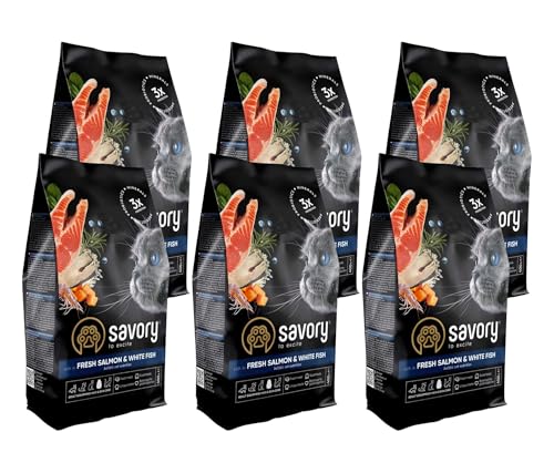 Savory - Katzenfutter Trocken - Trockenfutter für Katzen - für Erwachsene Katze - Frischer Lachs und Weißfisch - auf Basis von getrocknetem frischem Fleisch, mit VIT. A, D3, E - 6Pack (6x400 g) von SAVORY to excite