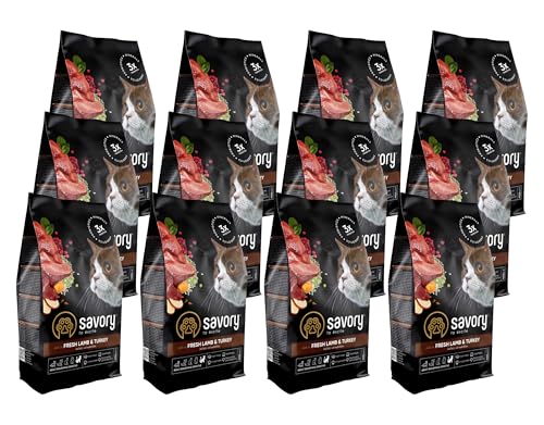Savory - Katzenfutter Trocken - Trockenfutter für Katzen - für Erwachsene Katze empfindlich - Frisches Lamm & Pute - auf Basis von getrocknetem frischem Fleisch, mit VIT. A, D3, E - 12Pack (12x400 g) von SAVORY to excite