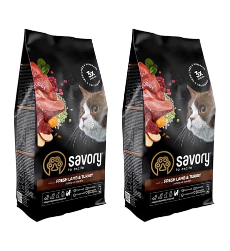 Savory - Katzenfutter Trocken - Trockenfutter für Katzen - für Erwachsene Katze empfindlich - Frisches Lamm & Pute - auf Basis von getrocknetem frischem Fleisch, mit VIT. A, D3, E - 2Pack (2x2 kg) von SAVORY to excite
