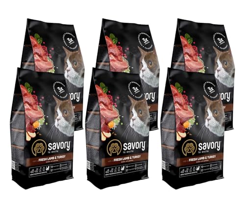 Savory - Katzenfutter Trocken - Trockenfutter für Katzen - für Erwachsene Katze empfindlich - Frisches Lamm & Pute - auf Basis von getrocknetem frischem Fleisch, mit VIT. A, D3, E - 6Pack (6x400 g) von SAVORY to excite
