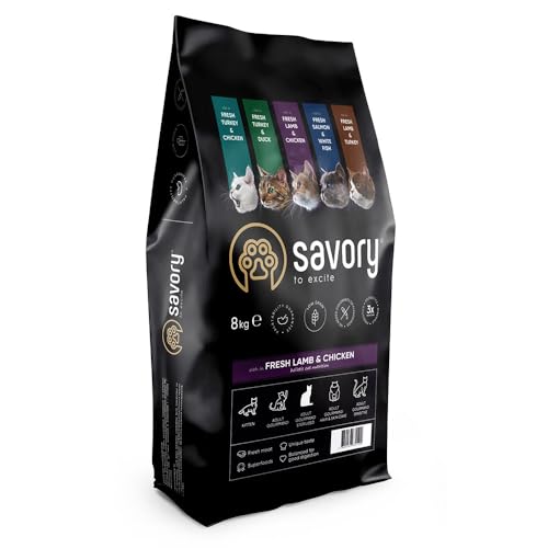 Savory - Katzenfutter Trocken - Trockenfutter für Katzen - für Erwachsene Katze sterilisiert - Frisches Lamm & Huhn - auf Basis von getrocknetem frischem Fleisch, mit VIT. A, D3, E - 1Pack (1x8 kg) von SAVORY to excite