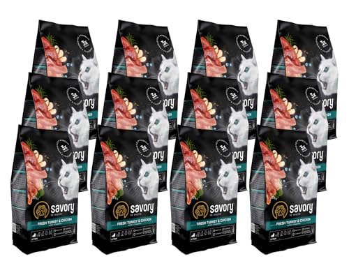 Savory - Katzenfutter Trocken - Trockenfutter für Katzen - für Kätzchen - Frisches Puten- und Hühnerfleisch - auf Basis von getrocknetem frischem Fleisch, mit VIT. A, D3, E - 12Pack (12x400 g) von SAVORY to excite