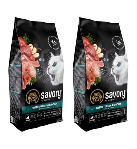 Savory - Katzenfutter Trocken - Trockenfutter für Katzen - für Kätzchen - Frisches Puten- und Hühnerfleisch - auf Basis von getrocknetem frischem Fleisch, mit VIT. A, D3, E - 2Pack (2x2 kg) von SAVORY to excite