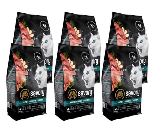 Savory - Katzenfutter Trocken - Trockenfutter für Katzen - für Kätzchen - Frisches Puten- und Hühnerfleisch - auf Basis von getrocknetem frischem Fleisch, mit VIT. A, D3, E - 6Pack (6x400 g) von SAVORY to excite