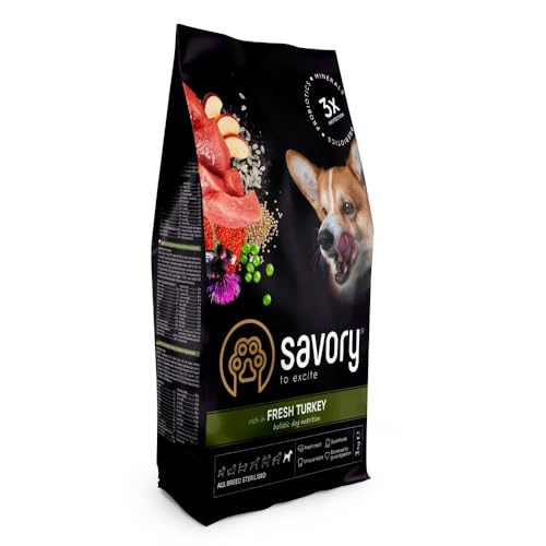 SAVORY Hunde Gourmand Frisch - Ganzheitliche Hundefutter Trockenfutter - Mischung aus Präbiotika, Probiotika und Mineralien - Alle Rassen Steril - Pute - 3 kg von SAVORY