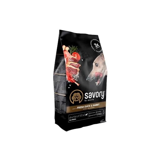 SAVORY Hunde Gourmand Frisch - Ganzheitliche Hundefutter Trockenfutter - Mischung aus Präbiotika, Probiotika und Mineralien - Erwachsene Alle Rassen - Kaninchen und Ente - 1 kg von SAVORY
