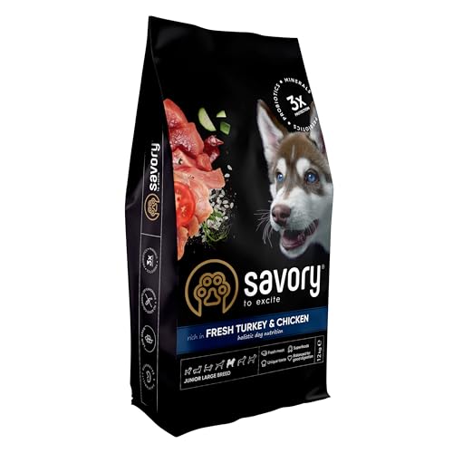 SAVORY Hunde Gourmand Frisch - Ganzheitliche Hundefutter Trockenfutter - Mischung aus Präbiotika, Probiotika und Mineralien - Große Rasse - Huhn und Pute - 12 kg von SAVORY
