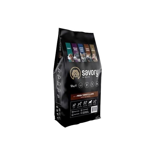 SAVORY Hunde Gourmand Frisch - Ganzheitliche Hundefutter Trockenfutter - Mischung aus Präbiotika, Probiotika und Mineralien - Große Rasse - Pute und Lamm - 12 kg von SAVORY