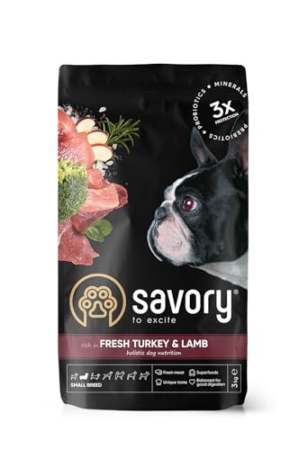 SAVORY Hunde Gourmand Frisch - Ganzheitliche Hundefutter Trockenfutter - Mischung aus Präbiotika, Probiotika und Mineralien - Kleine Rasse - Pute und Lamm - 3 kg von SAVORY