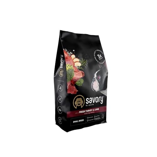 SAVORY Hunde Gourmand Frisch - Ganzheitliche Hundefutter Trockenfutter - Mischung aus Präbiotika, Probiotika und Mineralien - Kleine Rasse - Pute und Lamm - 8 kg von SAVORY