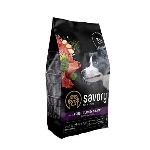 SAVORY Hunde Gourmand Frisch - Ganzheitliche Hundefutter Trockenfutter - Mischung aus Präbiotika, Probiotika und Mineralien - Mittlere Rasse - Pute und Lamm - 3 kg von SAVORY