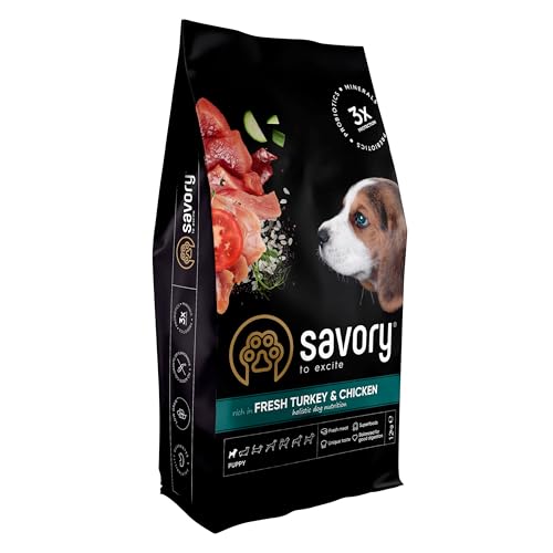 SAVORY Hunde Gourmand Frisch - Ganzheitliche Hundefutter Trockenfutter - Mischung aus Präbiotika, Probiotika und Mineralien - Welpe - Huhn und Pute - 12 kg von SAVORY
