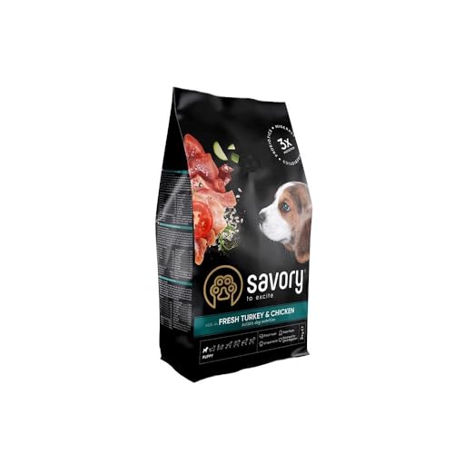 SAVORY Hunde Gourmand Frisch - Ganzheitliche Hundefutter Trockenfutter - Mischung aus Präbiotika, Probiotika und Mineralien - Welpe - Huhn und Pute - 3 kg von SAVORY