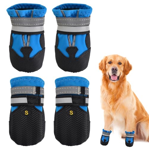 4 Stück Hundeschuhe, wasserdichte Atmungsaktive Hunde Schuhe mit Reflektierenden Riemen Verstellbarem, Outdoor Anti-Rutsch-Sohle Pfotenschützer Hundeschuhe, für Kleine Hunde, Blau von SAVOSWEET